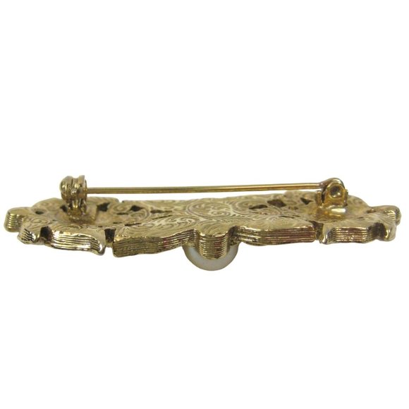 Imitation Pearl Bar Brooch 2.2 inch Pin Jewelry Goldtone Rhinestones Statement - Picture 5 of 7